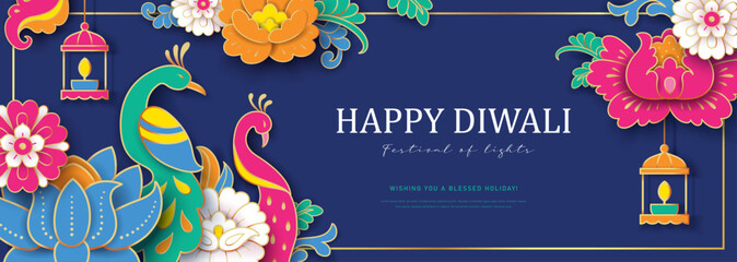 Happy Diwali design with peacock, lights and flowers background. Templates for banner, poster, greeting card, cover or flyer. © BrixStudioIN