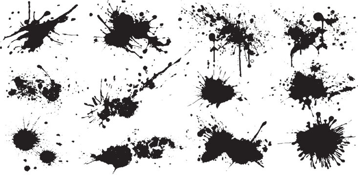Set of splashes, blots inked splatter dirt stain splattered spray splash with drops blots isolated. vector illustration