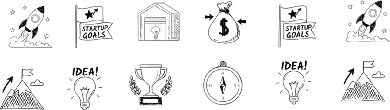 Financial and business line icons pack with money bag safe box trophy and compass