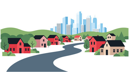 Small suburban village town landscape with road and city skyline background.