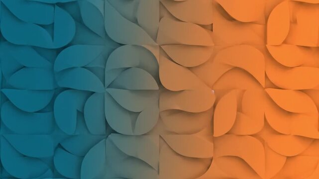 3D Abstract Geometric Background with Rotating Organic Petal Shapes in Blue and Orange Gradient
