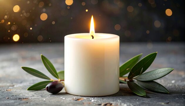 International Day of Peace concept with glowing candle light and olive leaves on rustic table