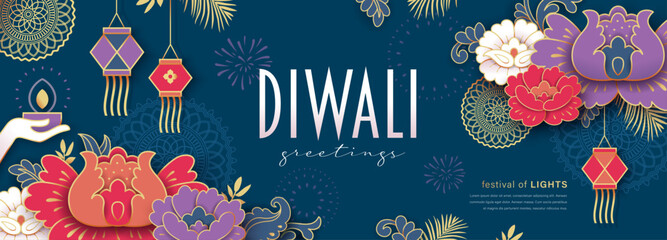 Happy Diwali design with lights and beautiful flowers background. Templates for banner, poster, greeting card, cover or flyer. © BrixStudioIN