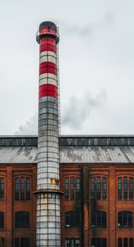 Architectural detail of a large industrial smokestack dominating the flat roofline of a sprawling brick warehouse building, showing scale, output, steel, silhouette