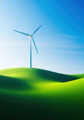 Fototapeta premium Large white wind turbines stand tall across a rolling green hillside under a clear blue sky, generating clean renewable electricity for all, nature, fuel, efficiency
