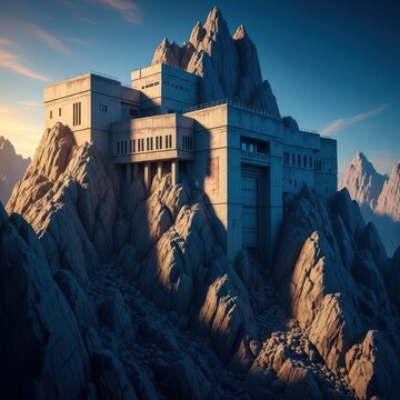 Imposing concrete military fortification high in the rocky mountains. A strategic defensive structure built into the steep terrain, massive defense, wartime, defensive