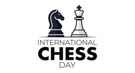 Chess pieces silhouette with text on a white background representing international chess day knight © Amana Khan
