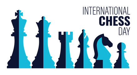 Chess pieces illustration with a two tone color scheme and text reading international chess day © Amana Khan