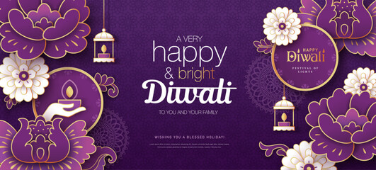 Happy Diwali design with lights and beautiful flowers background. Templates for banner, poster, greeting card, cover or flyer. © BrixStudioIN