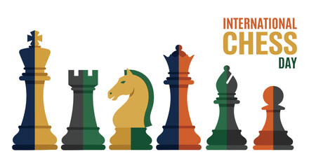 Chess pieces arrangement in a flat vector illustration with bold colors and text overlay © Amana Khan
