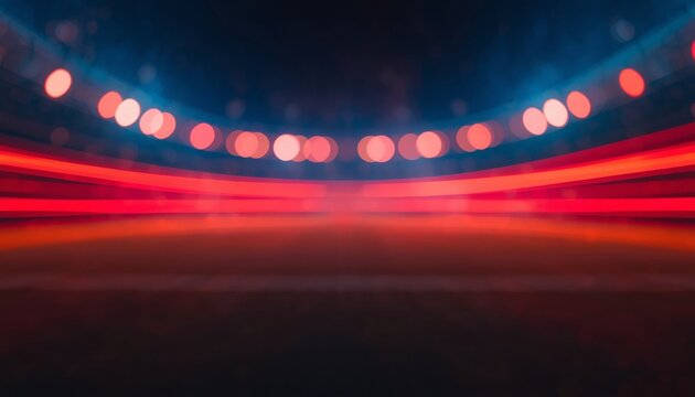 Cinematic abstract sports stadium background with vibrant glowing neon red bokeh lights and motion blur at night