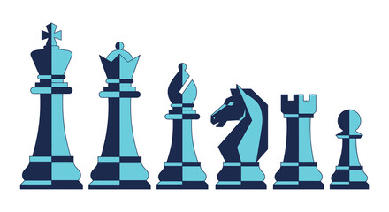 Chess pieces in a row stylized vector illustration with a teal and dark blue color scheme © Amana Khan
