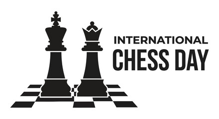Chess pieces and board illustration with text for international chess day on white background © Amana Khan