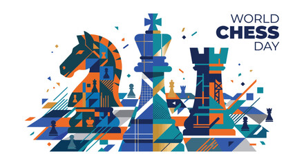 Chess pieces arrangement in a geometric vector illustration with a white background © Amana Khan