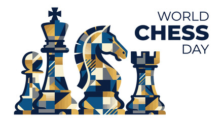 Chess pieces illustration with geometric shapes on a white background for world chess day © Amana Khan