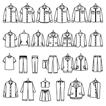 Collection of 24 different types of clothing items, including shirts, pants, skirts, and jackets, arranged in a 6x4 grid. Each item is depicted in a simple, clean line art style with a monochromati...