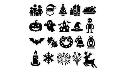 Obraz premium Holiday Vector Icon Set with Christmas Halloween Thanksgiving and Winter Elements
