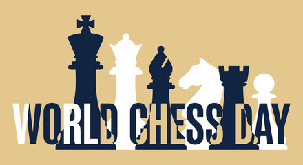 Chess pieces in dark and white silhouettes with bold typography for world chess day © Amana Khan