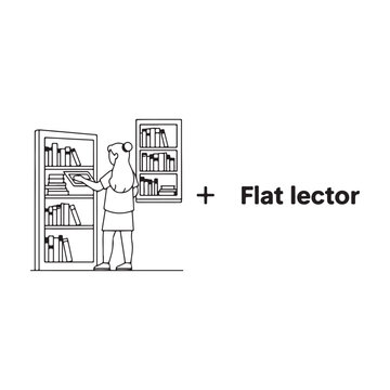 Vector illustration of a reader choosing a book from library shelves with bookshelf education learning knowledge literature research searching browsing academic information training