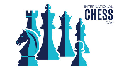 Chess pieces arrangement vector illustration in shades of blue and teal celebrating international chess day © Amana Khan
