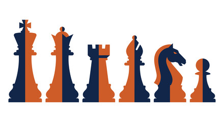 Chess Pieces Silhouette In Two tone Orange And Navy Blue Against A White Background © Amana Khan