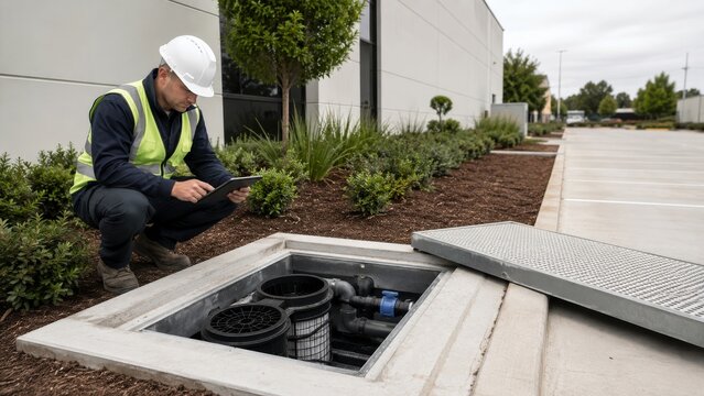 Civil Engineer Inspecting Underground Rainwater Detention System Access Components Beside Commercial Property