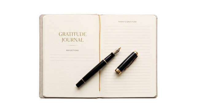 Elegant gratitude journal with a black and gold fountain pen open to a page for reflections and today's gratitude PNG Isolated on transparent background