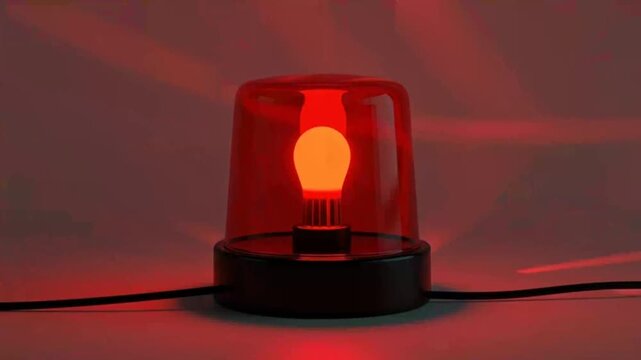 A bright red emergency light glows on a black base indoors.
