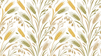 Seamless pattern of golden wheat and green oats on a white background. © Sendang