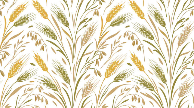Seamless pattern of golden wheat and green oats on a white background.