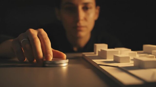 In a dimly lit room, an architect carefully turns a control dial while studying a miniature city model. Warm shadows dance across the white blocks, highlighting a moment of focused creation.