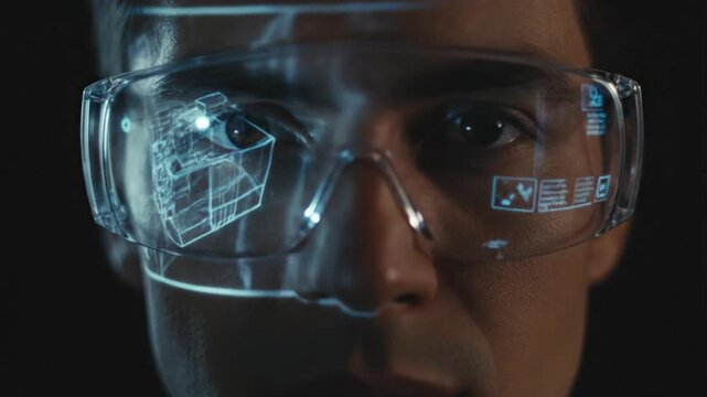 A man wears futuristic smart glasses displaying holographic 3D wireframes and data interfaces, showcasing advanced augmented reality technology in a dark setting.