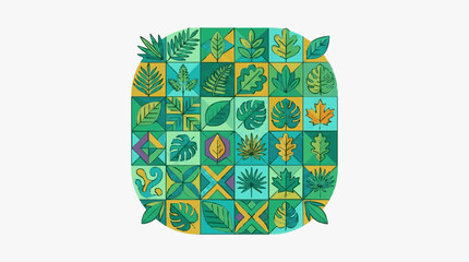 Colorful tropical leaves arranged in a geometric pattern. © Andini
