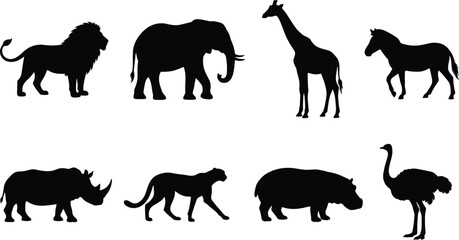 African Wild Animal Silhouette Collection Featuring Lion Elephant Giraffe Rhino Hippo Ostrich and Horse © MSTALIFNUR