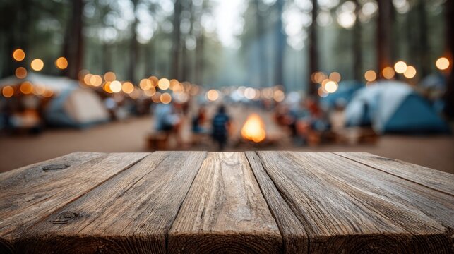 Rustic wooden table with a blurred background of a campsite at dusk