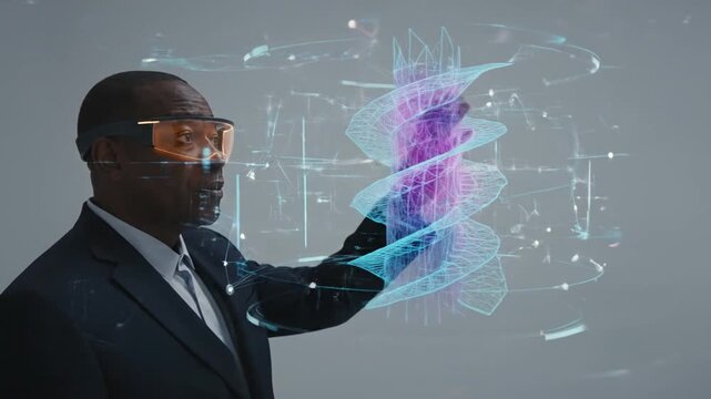 An African-American businessman wearing smart glasses interacts with a glowing, blue and purple holographic DNA helix in a futuristic, high-tech setting.