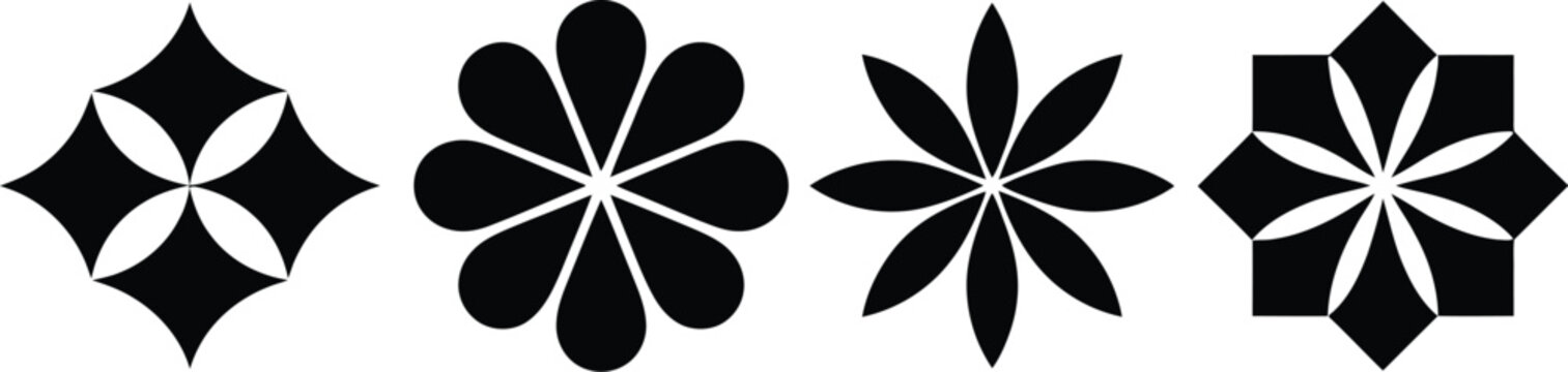 Abstract black flower shapes vector collection featuring symmetrical geometric petals tile motifs star burst symbols for brand logo design decoration.