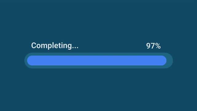 Animated motion graphics showing a blue progress bar completing up to 97 percent over a transparent alpha channel background. Represents a process conclusion, system finalization, or loading stage.