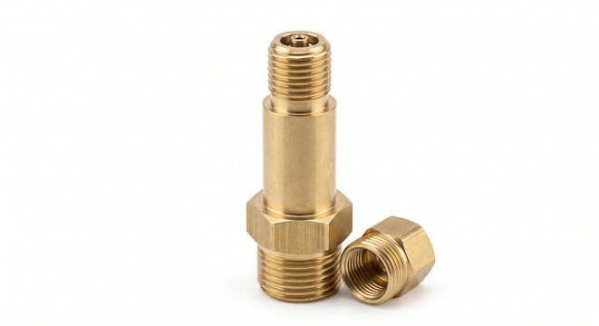 Professional macro of a bare brass Schrader valve for 4x4 automotive air suspension systems. Rugged hardware isolated on a pure white background.