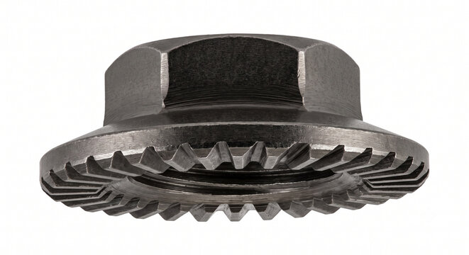 Extreme macro of a dark gunmetal serrated flange nut for suspension mounting. Geometric machined hardware isolated on a pure white background.