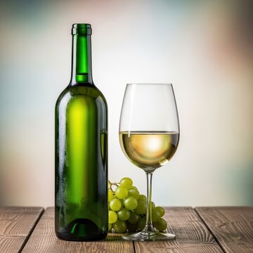 A crisp bottle of white wine with a subtle green tint sits on a wooden table beside a full glass and a bunch of fresh green grapes, vintage, fresh, composition
