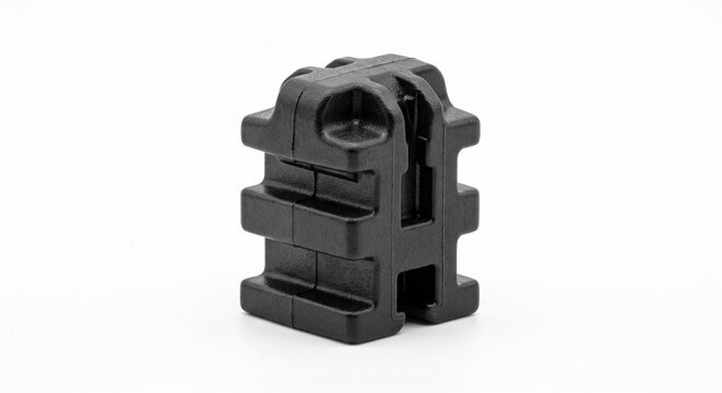 Macro of a single matte black polyurethane interlocking zipper tooth for waterproof outdoor mountain jackets. Isolated on a pure white background.