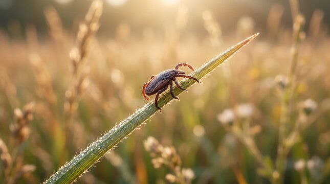 A parasitic tick on a blade of green grass, illuminated by golden sunlight in a wild natural field.