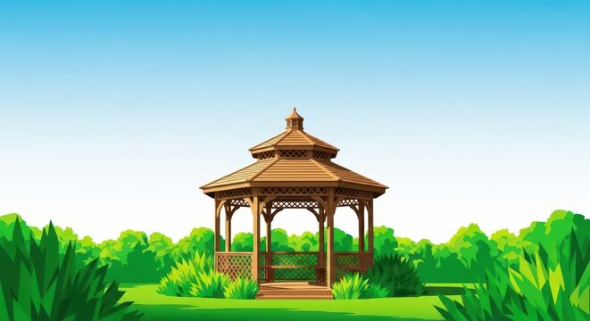 A traditional wooden gazebo stands within a lush green garden, featuring a sturdy gabled roof and intricate lattice details on its sides, leaves, wood, gabled