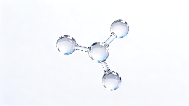 Fully clear transparent all glass methane molecular structure with four connected spherical atoms against plain clean white background for chemical science education