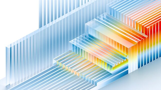 Stepped stacked transparent vertically ribbed glass blocks transitioning from cool blue to warm orange gradient forms modern abstract 3d geometric architectural design