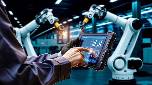industry 40 factory with industrial engineer working alongside automation robot arms intelligent manufacturing concept 3d rendering