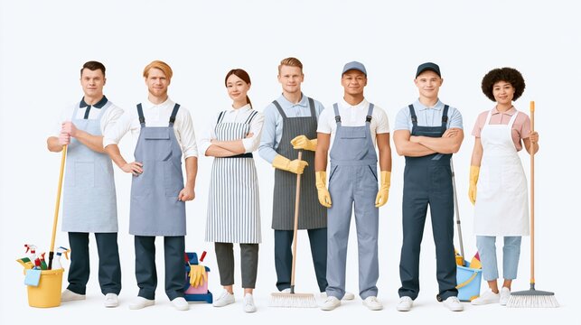 Diverse team of professional janitors standing together with cleaning supplies and tools