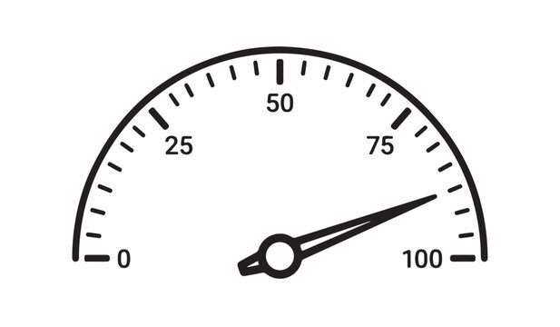 Sleek black speedometer gauge with evenly spaced markings indicating maximum velocity, isolated on transparent background 
