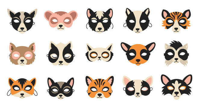 Cute paper animal face masks set for children birthday parties featuring tiger, bear, raccoon, cat, and dog designs.